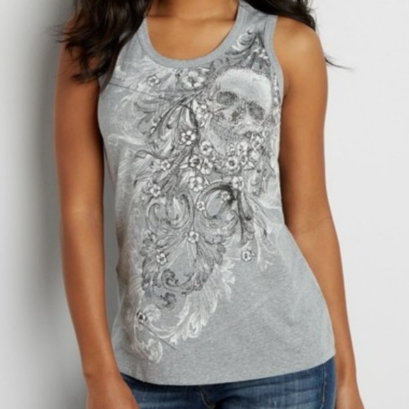 Maurices Tops - Maurices Gray & Silver Studded Skull Tank Top